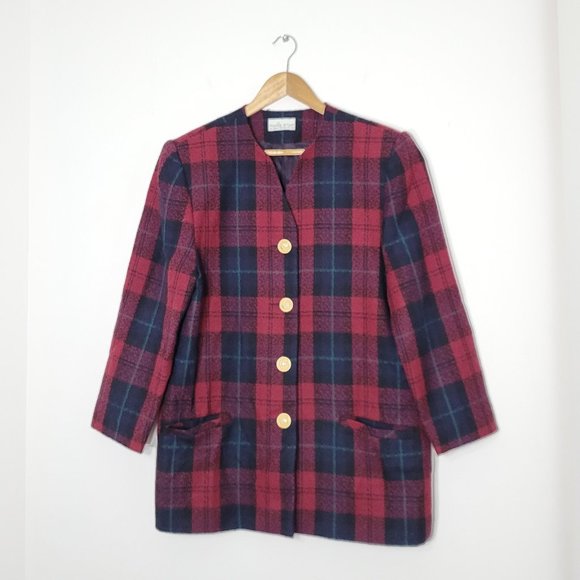 Vintage Oversized Wool Red Plaid Blazer 80's 3/4 sleeve Blazer Gold Buttons - Picture 2 of 16